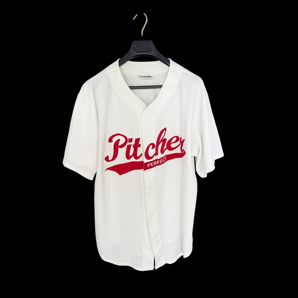 90's Vintage Mens #1 Pitcher Perfect Baseball Jersey White Red Sz L